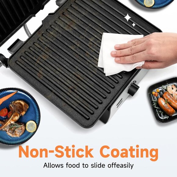 SUSTEAS Electric Panini Grill Non-Stick Plates 180° Open Floating Hinge SL-107A - Picture 6 of 10